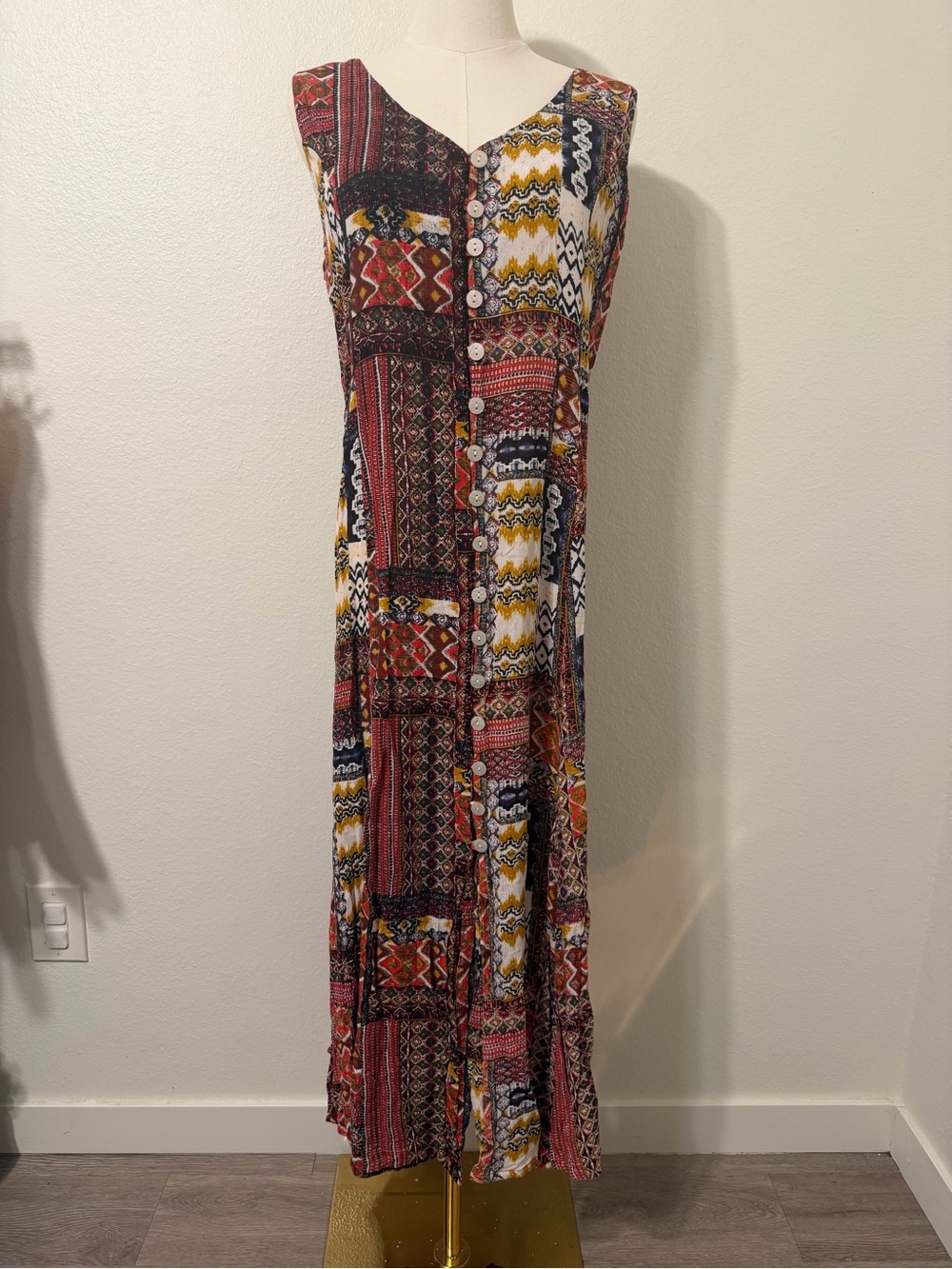Red Mustard Navy Multicolor Boho Print Dress